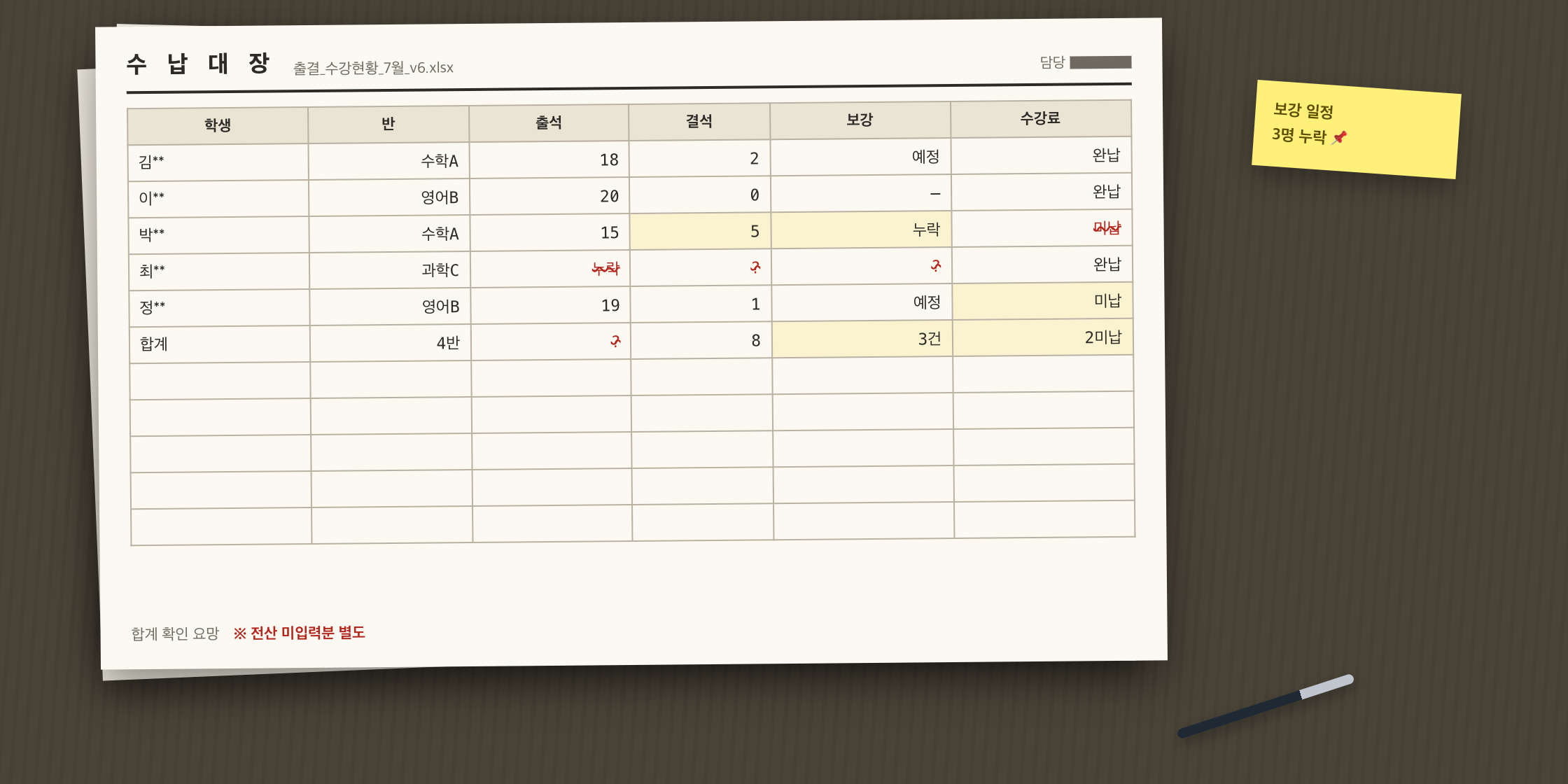 수기 관리 화면